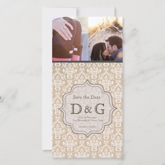 Save the Date Antique White Damask Filligree Card (Front)