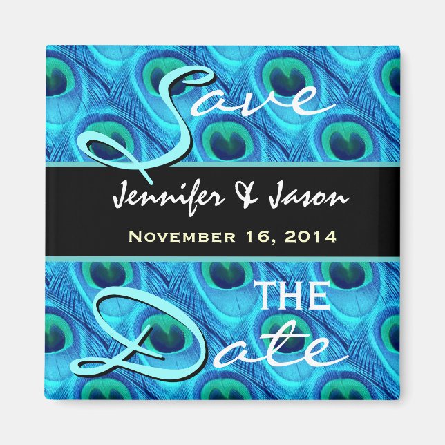 Save the Date Aqua and Cobalt Peacock Feathers Magnet (Front)