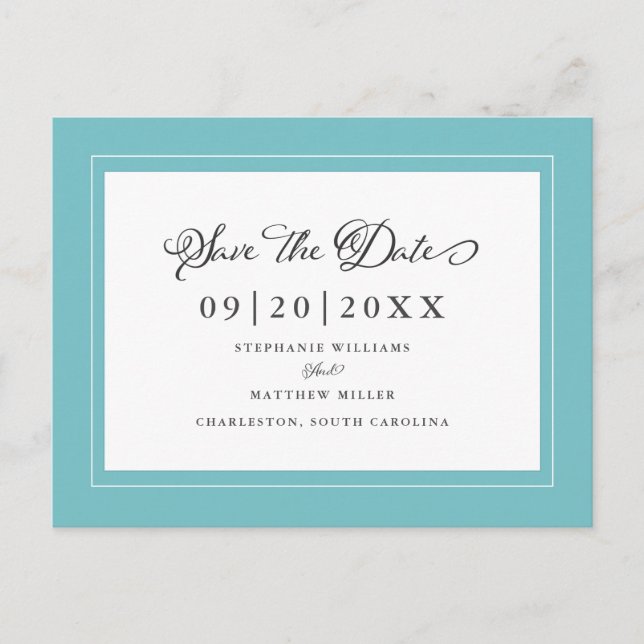 Save The Date | Aqua Blue Green Wedding Elegant Announcement Postcard (Front)