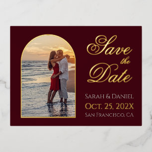 Save the Date Arch Photo Calligraphy Burgundy Gold Foil Invitation Postcard