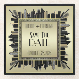Save the Date Art Deco Champagne Gold Gatsby Glam Glass Coaster