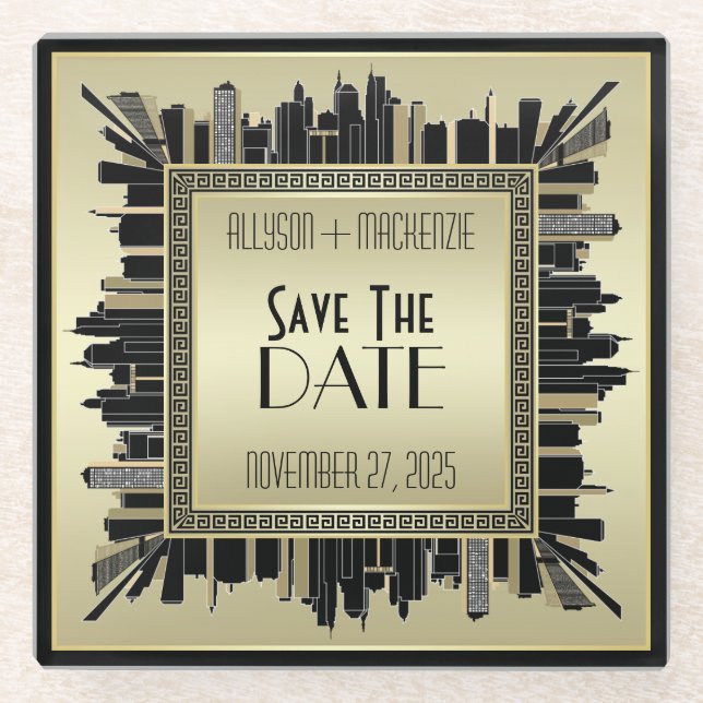 Save the Date Art Deco Champagne Gold Gatsby Glam Glass Coaster (Front)