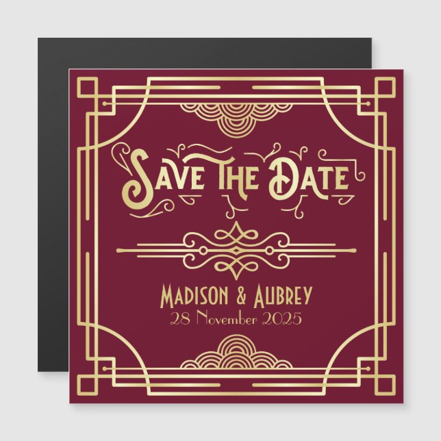 Save the Date Art Deco Gatsby Gold Burgundy Magnetic Invitation (Front/Back)