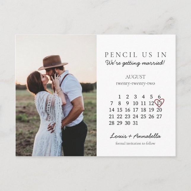 Save the Date August 2022 Month Calendar Heart Pos Postcard (Front)