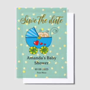 Save the date baby boy twin baby shower vellum invitations