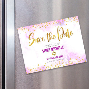 Save the Date Bat Mitzvah Gold on Pink Watercolor Magnetic Invitation