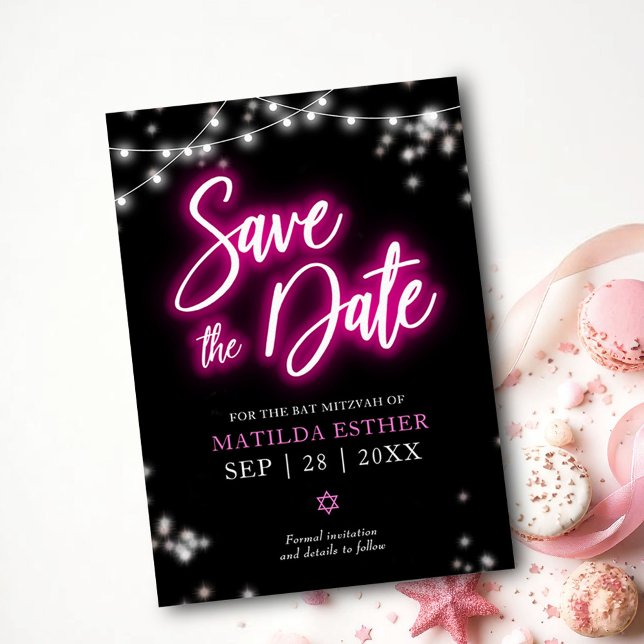 Save the Date Bat Mitzvah Hot Pink Neon Themed Invitation (Creator Uploaded)