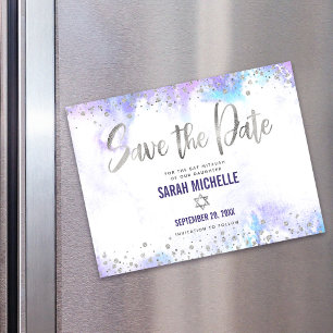 Save the Date Bat Mitzvah Silver Purple Watercolor Magnetic Invitation