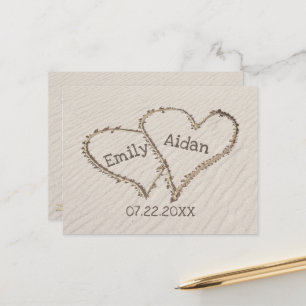 Save The Date Beach Hearts with Names  Postcard
