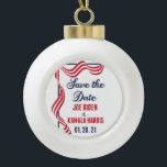 Save the Date Biden Harris Inauguration Ceramic Ball Christmas Ornament<br><div class="desc">Save the Date for the 46th presidential inauguration in America. Joe Biden and Kamala Harris will tie the knot with our country on January 21, 2021 at the White House in Washington, D.C. Order this funny commemorative Christmas ornament for your inaugural ball or democrat party. Beautiful American flag design in...</div>