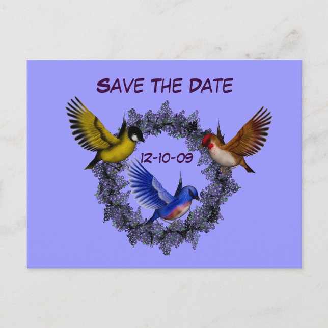 Save The Date Birds On Flower Wreath Postcard (Front)