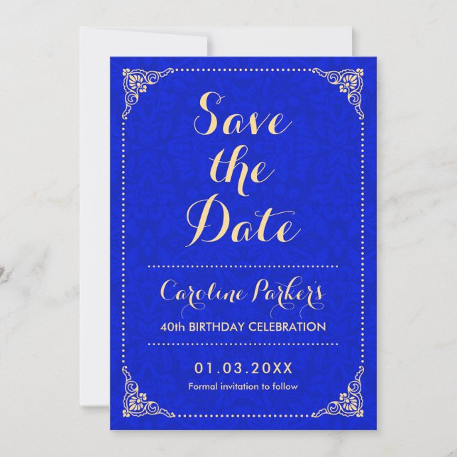 Save The Date Birthday - Gold Royal Blue Damask Invitation (Front)