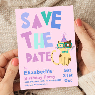 Save the Date Birthday Party Cute Cat Kids Party Invitation