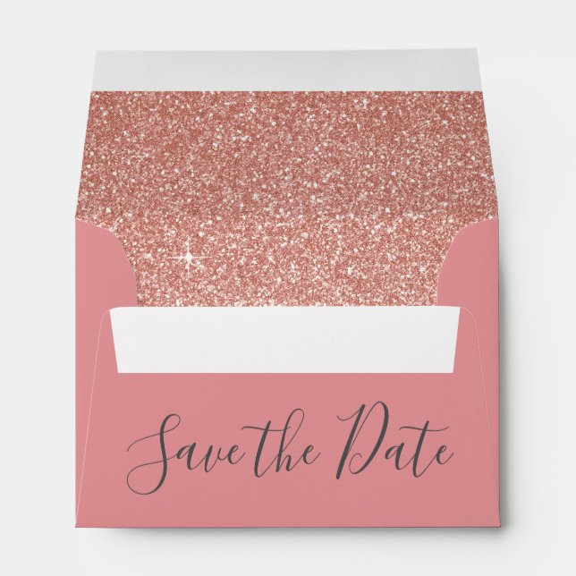 Save the Date Birthday Rose Gold Pink Glitter Envelope (Back (Bottom))