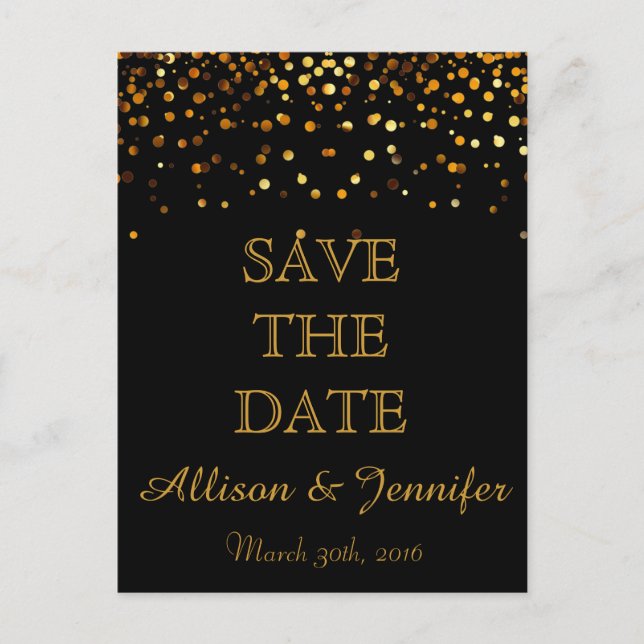 Save the date Black and Gold Glitter Faux Foil Announcement Postcard (Front)