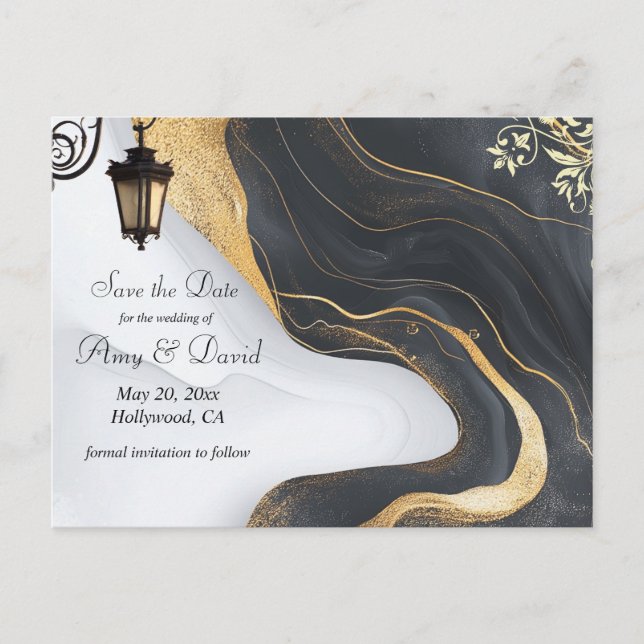 Save the date black and gold wedding announcement  (Front)