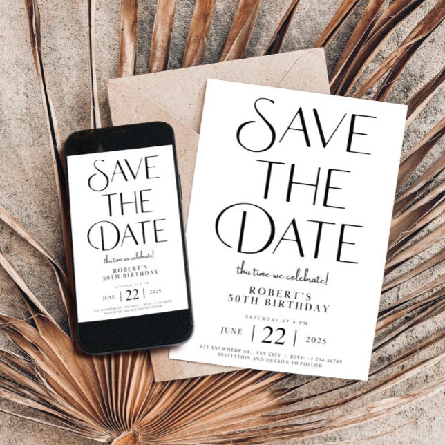 Save The Date Black and White 50 Birthday  Invitation (Save The Date Template,Birthday 50th,Modern Invitation,Unique Minimalist Editable Bday,Black  Whith)