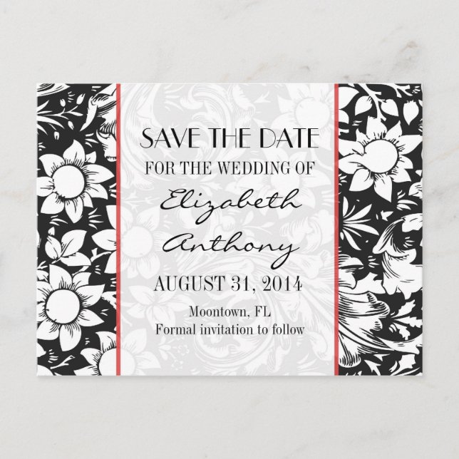 save the date black and white damask postcards (Front)