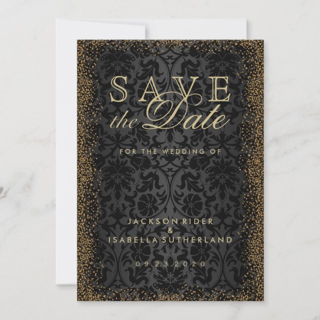 Save the Date Black Damask and Gold Confetti Glitt (Front)