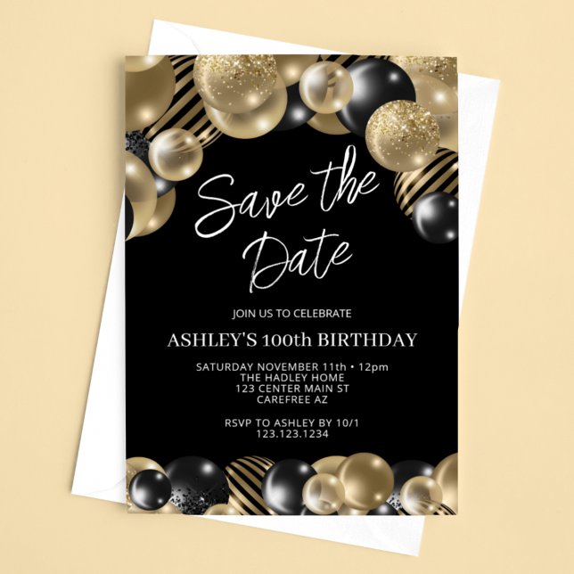 Save the Date Black Gold 100th Birthday Invitation (Creator Uploaded)