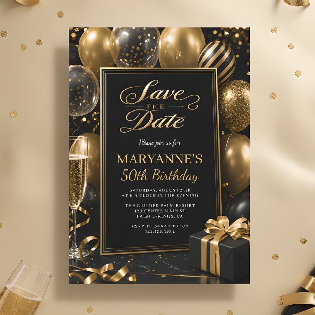 Save the Date Black Gold 50th Birthday Invitation (Creator Uploaded)