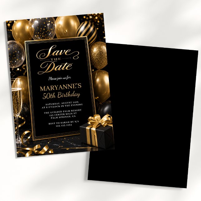 Save the Date Black Gold 50th Birthday Invitation (Creator Uploaded)