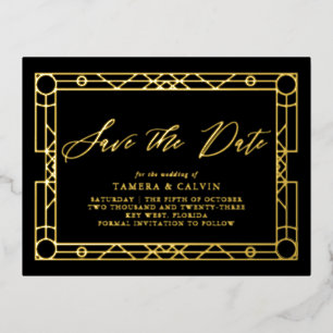 Save The Date Black Gold Decorative Frame Foil Invitation Postcard