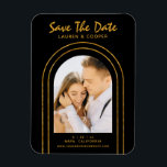 Save The Date Black Gold Stylish Art Deco Wedding Magnet<br><div class="desc">Save The Date Black Gold Stylish Script Art Deco Wedding Magnets features your favourite photo inside a golden arch on a black background. Personalise with your text by editing the text in the text boxes provided. Designed for you by ©Evco Studio www.zazzle.com/store/evcostudio</div>