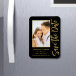 Save The Date Black Gold Stylish Modern Wedding Magnet<br><div class="desc">Save The Date Black Gold Stylish Script Modern Wedding Magnets features a black background with your custom photo. Personalise with your text by editing the text in the text boxes provided. Designed for you by ©Evco Studio www.zazzle.com/store/evcostudio</div>