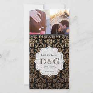 Save the Date Black & Orange Damask Fillagree Card
