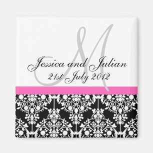 Save The Date Black/Pink Monogram Damask Trellis Magnet