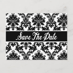 Save the Date Black & White Damask Wedding Announcement Postcard
