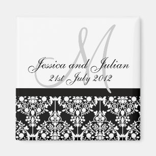 Save The Date Black/White Monogram Damask Trellis Magnet