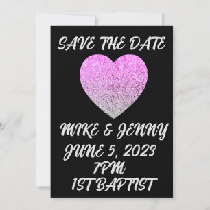 SAVE THE DATE BLACK WITH GLITTER HEART PERSONALIZE INVITATION