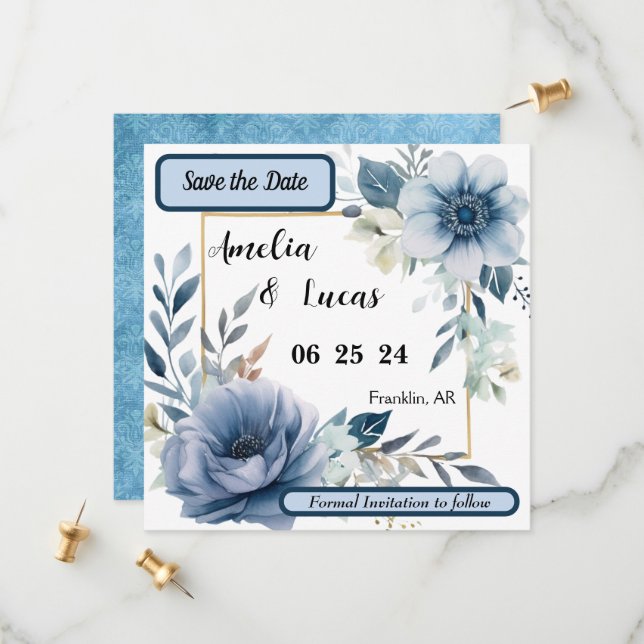 Save the Date Blue Floral (Front/Back In Situ)