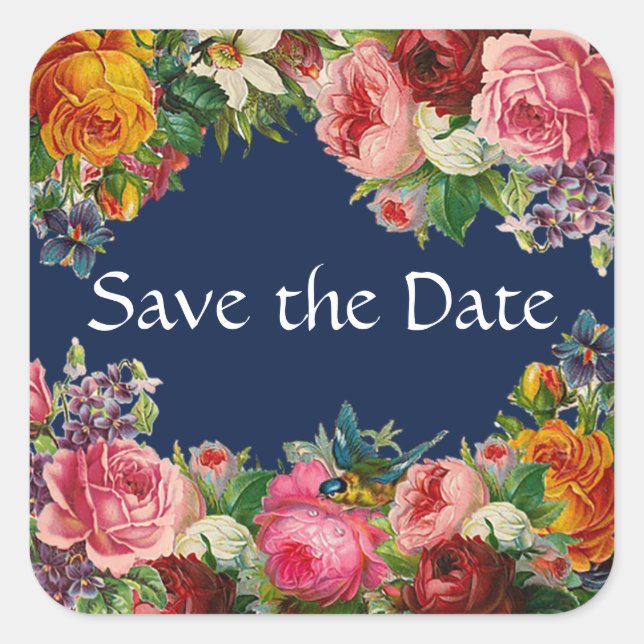 Save the Date Blue Floral Burgundy Roses Stickers (Front)