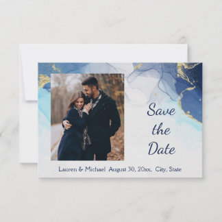 Save the Date Blue Gold Watercolor   Wedding  Invitation