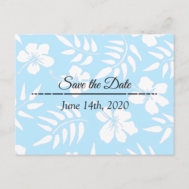 Save the Date Blue Hibiscus Tropical Themed Postcard (Front)