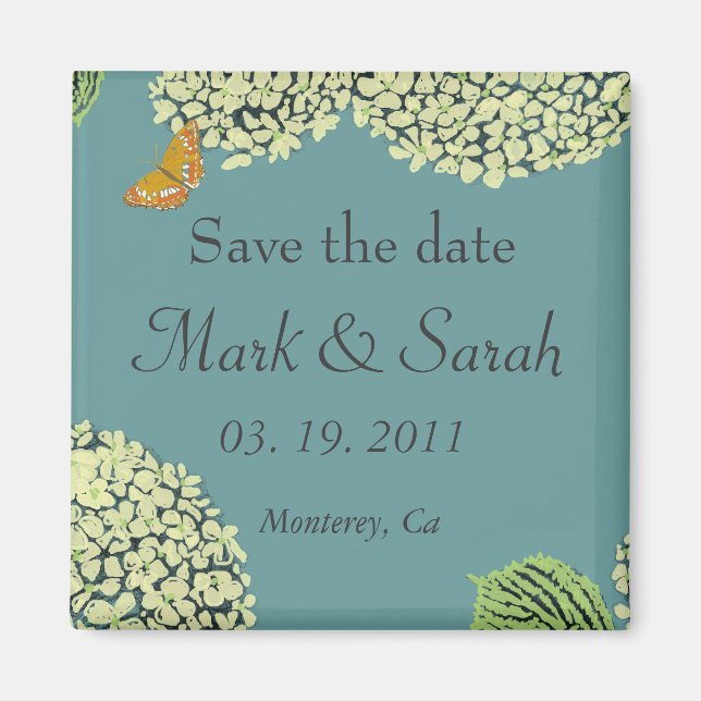 Save the Date Blue Hydrangea & Butterfly Magnet (Front)