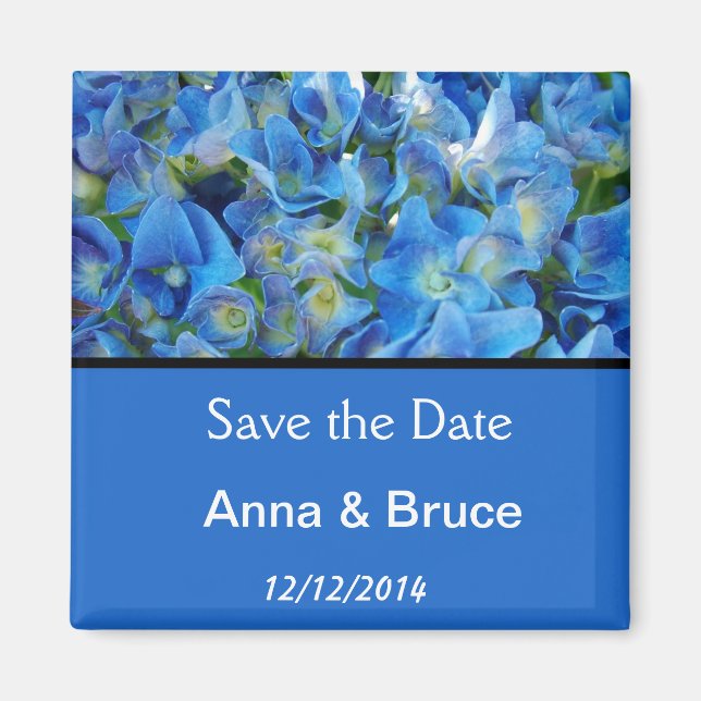 save the date, blue hydrangea flowers magnet (Front)