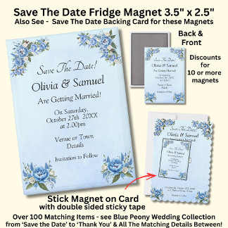 Save The Date, Blue Peony 5" x 2.5" Fridge Magnet