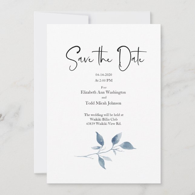 Save the Date Blue Watercolor Organic Leaves Invitation (Front)