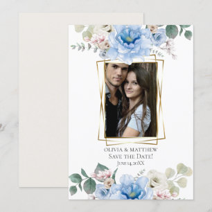 Save the Date   Blue Watercolor Peony Flowers Invitation
