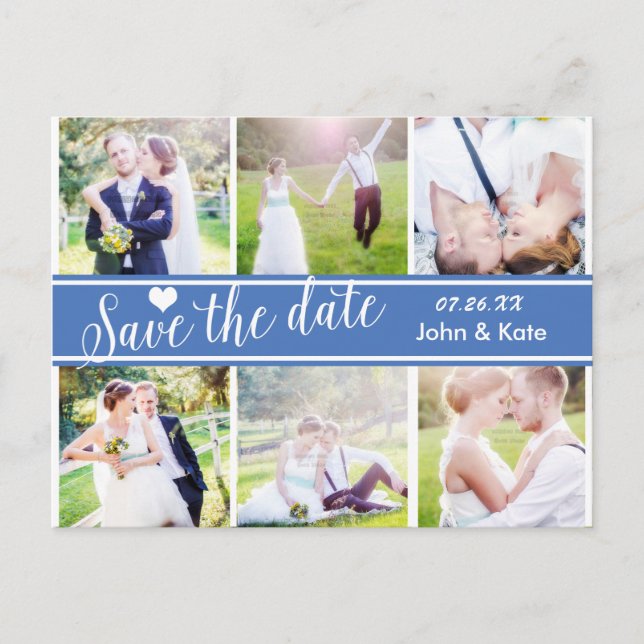 SAVE THE DATE Blue Wedding 6 PHOTO Postcard (Front)