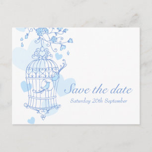 Save the date blue white bird cage card