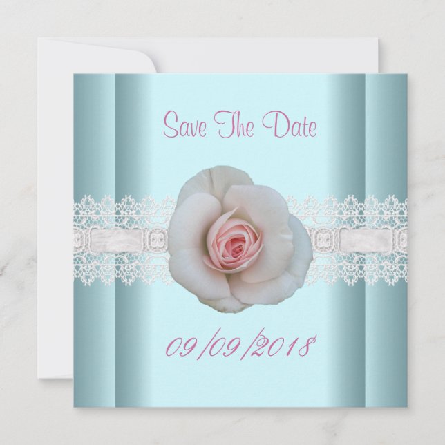 Save The Date Blue White Pink Rose Flower Lace (Front)