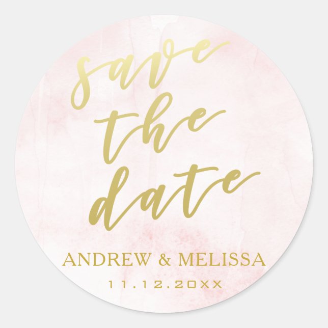 Save the Date, Blush & Gold Script Wedding Sticker (Front)