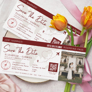 Save The Date Boarding Pass Burgundy Travel Invitation