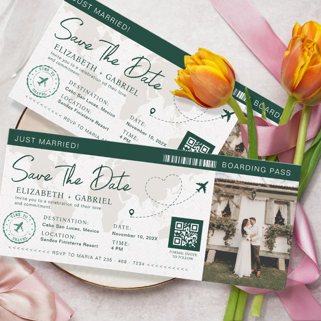 Save The Date Boarding Pass Emerald Green Travel Invitation (Creator Uploaded)