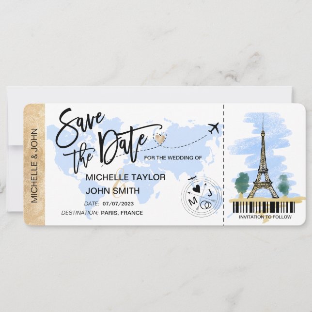 Save the Date Boarding Pass Paris Wedding Invitati Invitation (Front)